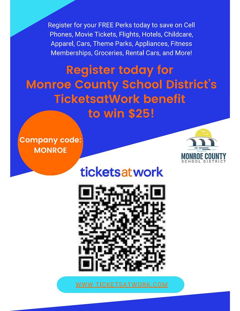 This is a flyer with a QR code and the website for ticketsatwork.com.